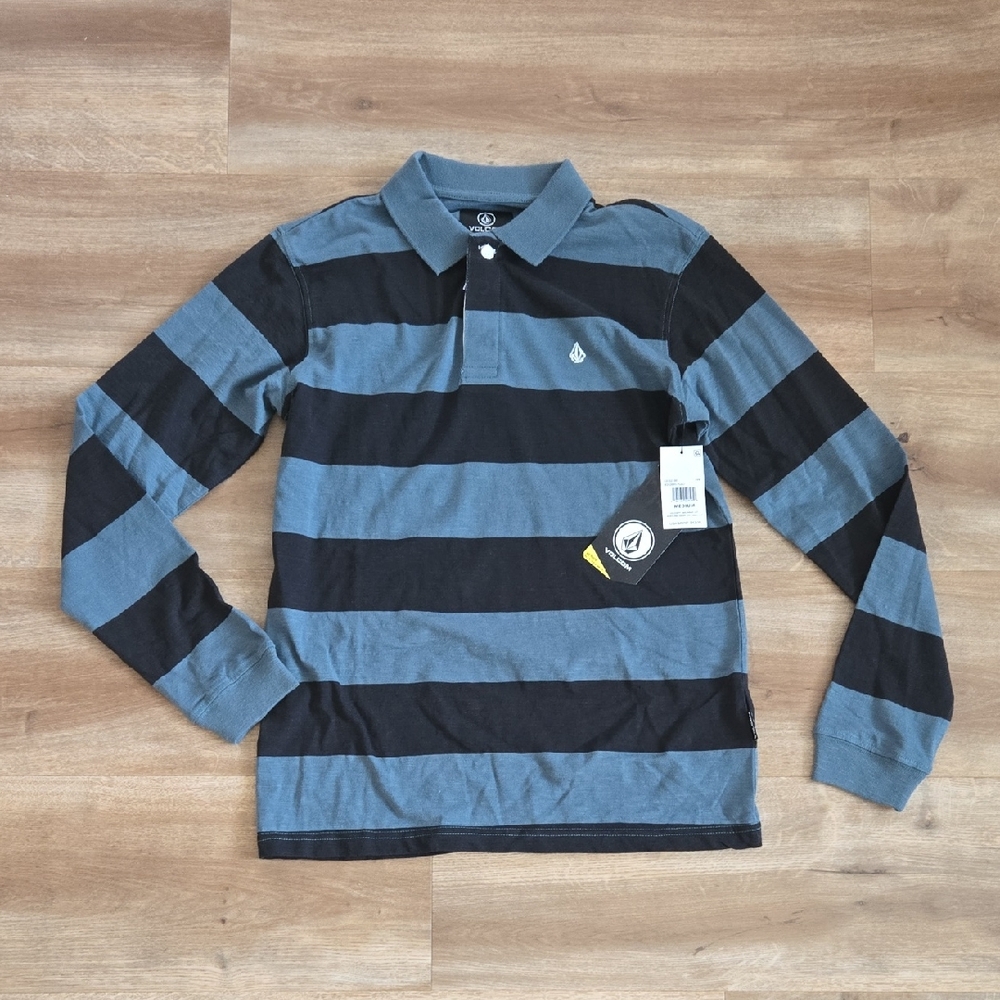 Volcom Boy's Long Sleeve Polo - Blue and Black Stripes NWT